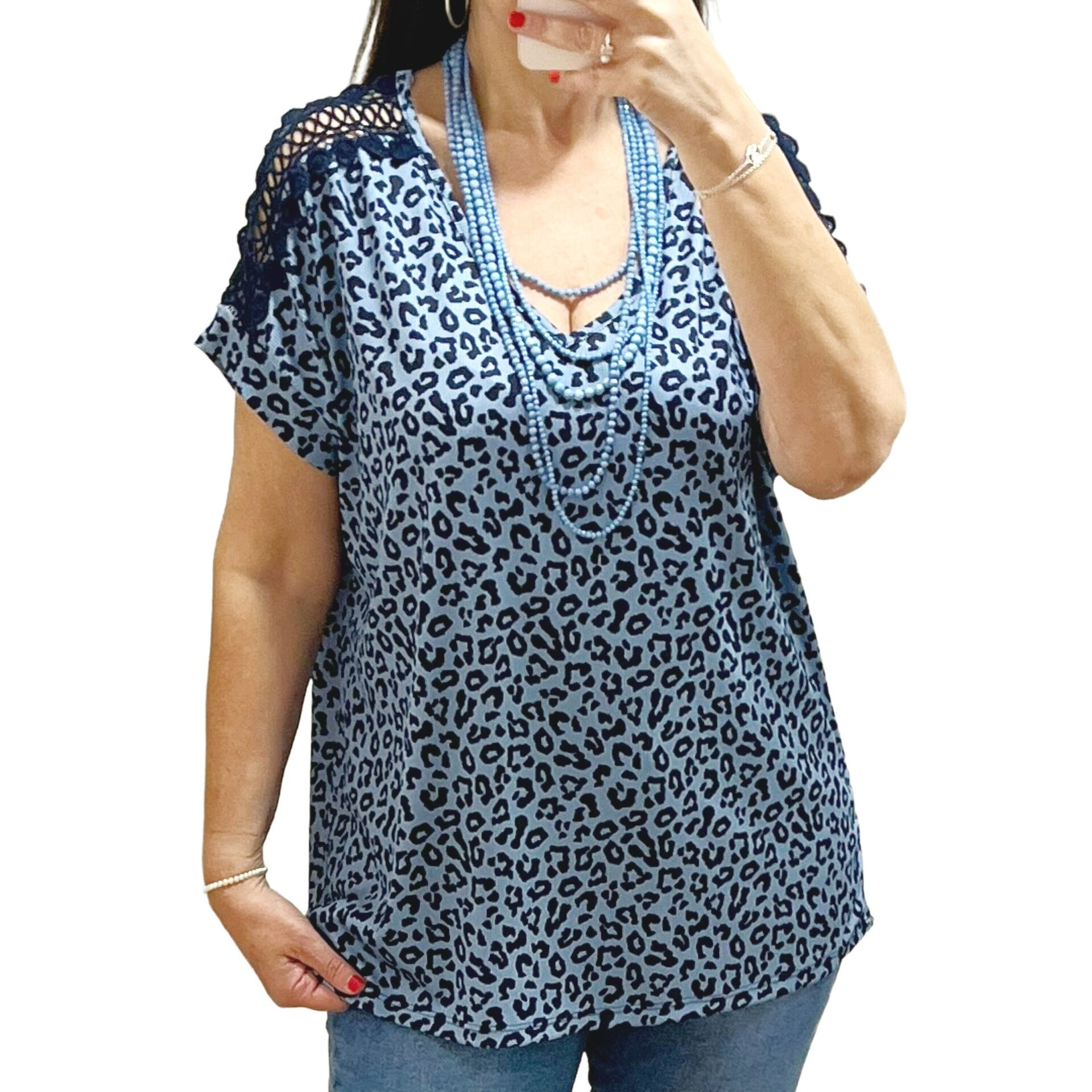 Top animal print azul detalle manga - 3