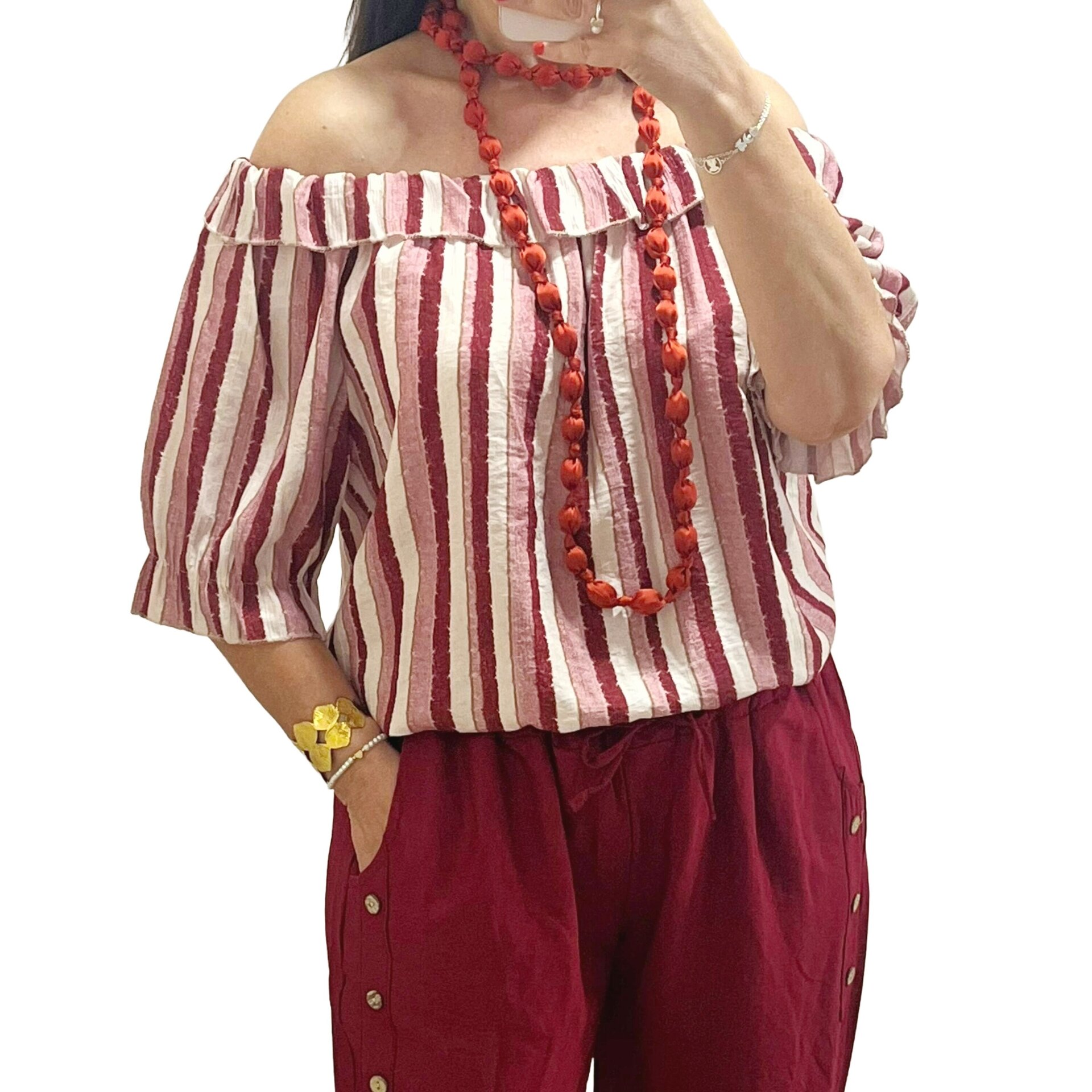 Blusa volante rayas  burdeos - 1